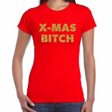 Fout kerst shirt x mas bitch goud / rood dames