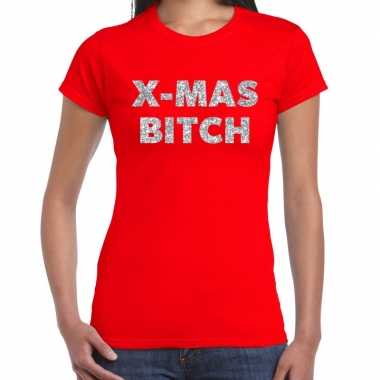 Fout kerst shirt x mas bitch zilver / rood dames