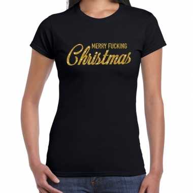 Fout kerst shirt merry fucking christmas goud / zwart dames