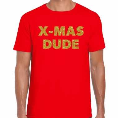 Foute kerst t shirt x mas dude goud glitter op rood heren