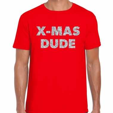 Foute kerst t shirt x mas dude zilver glitter op rood heren