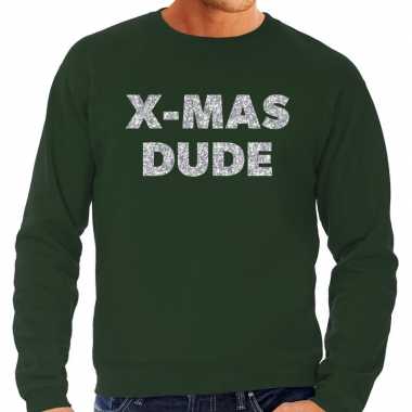 Foute kersttrui x mas dude zilveren glitter letters groen heren