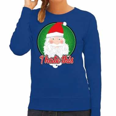Foute kersttrui i hate this blauw dames
