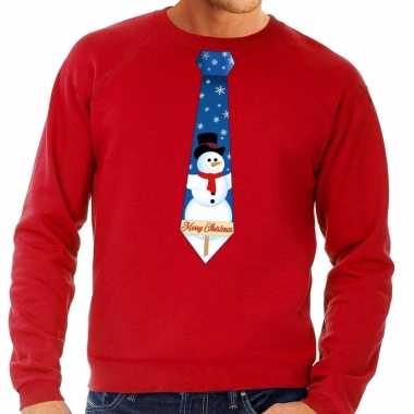Foute kersttrui stropdas sneeuwpop print rood heren