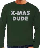 Foute kersttrui bij mas dude zilveren glitter letters groen heren