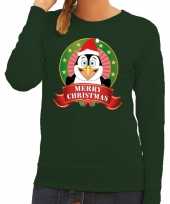 Foute kersttrui groen merry christmas pinguin dames