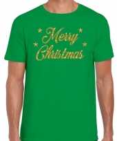 Kerst-shirt merry christmas gouden glitter letters groen heren