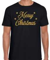 Kerst-shirt merry christmas gouden glitter letters zwart heren