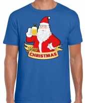 Kerst shirt merry christmas santa bier proost blauw heren